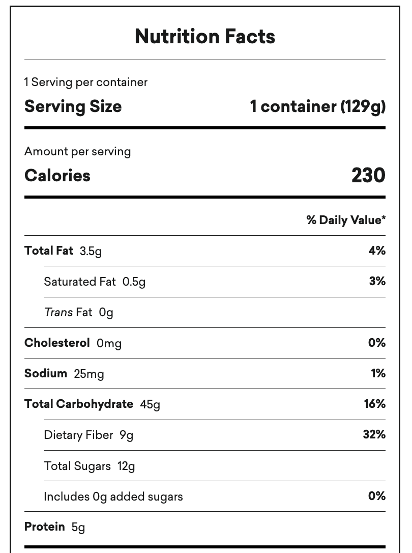 Nutrition label for Mulberry and Dragonfruit Forager Bowl