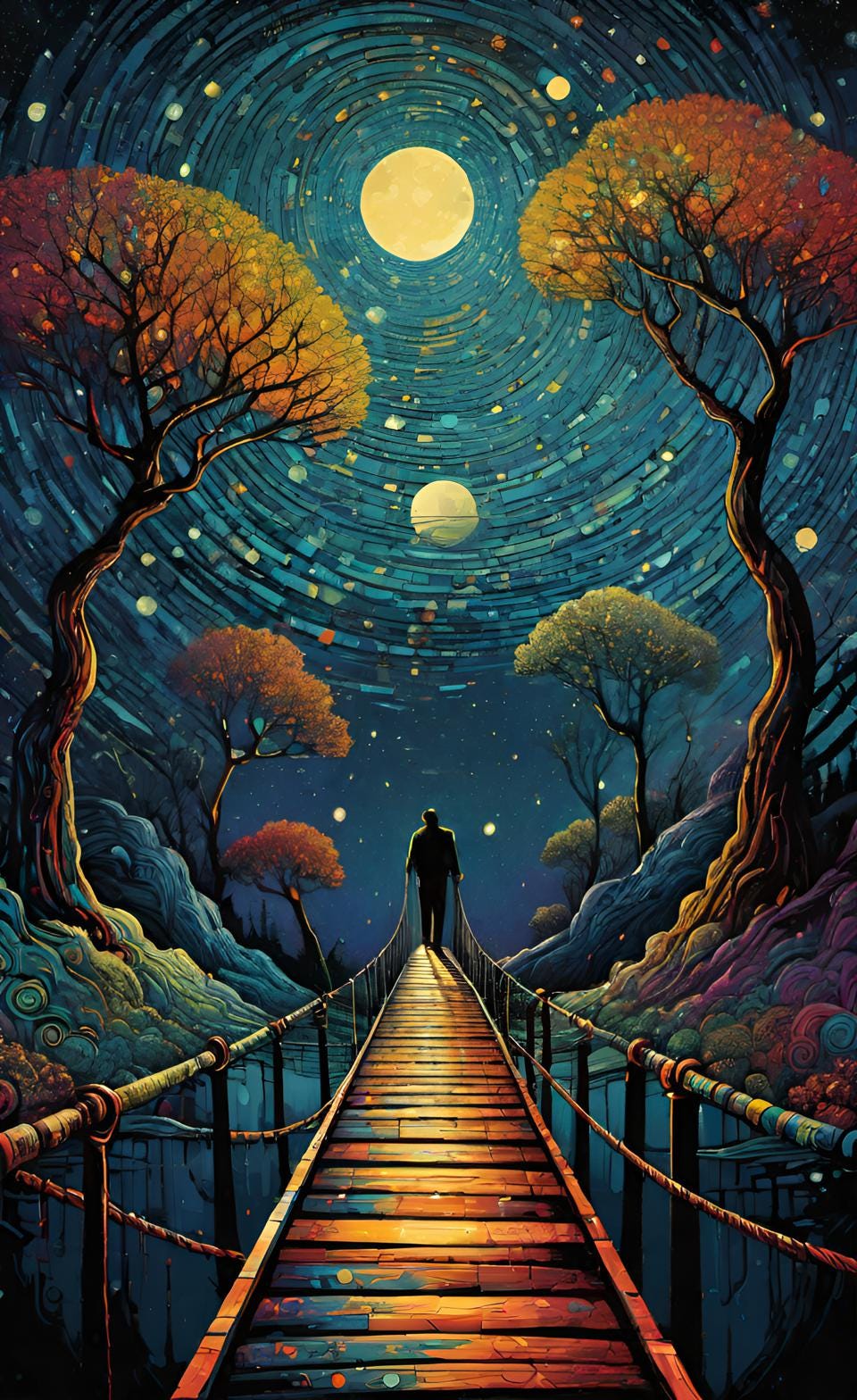 ALT: Impressionistic illustration of a solitary figure far along a narrow, fragile bridge over a valley lined with spindly trees, under a swirling starry moonlit night sky.