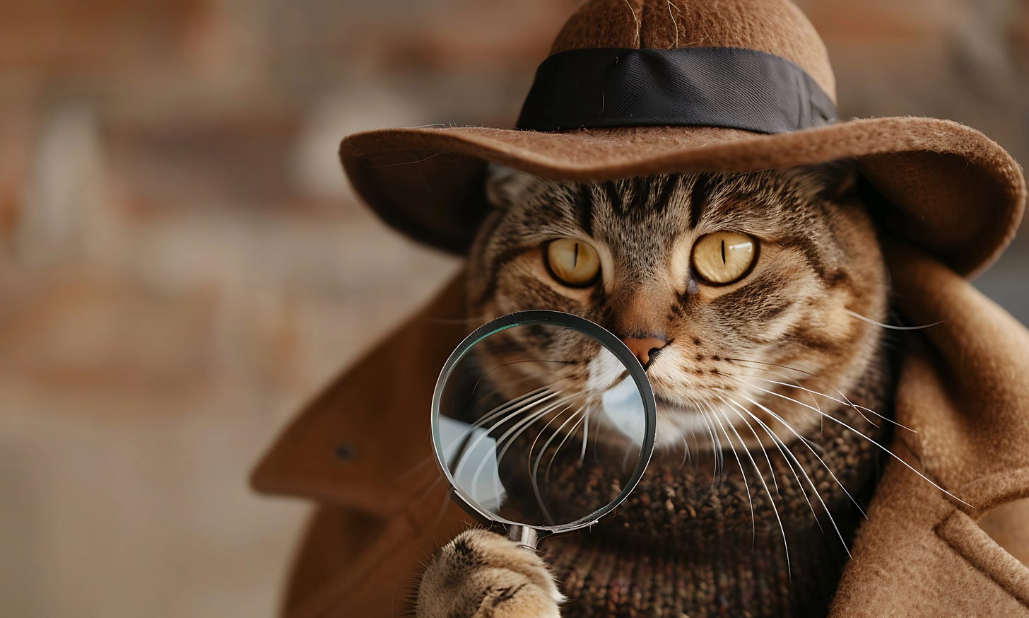 A tabby cat dressed as a detective, wearing a brown hat and coat, holding a magnifying glass close.