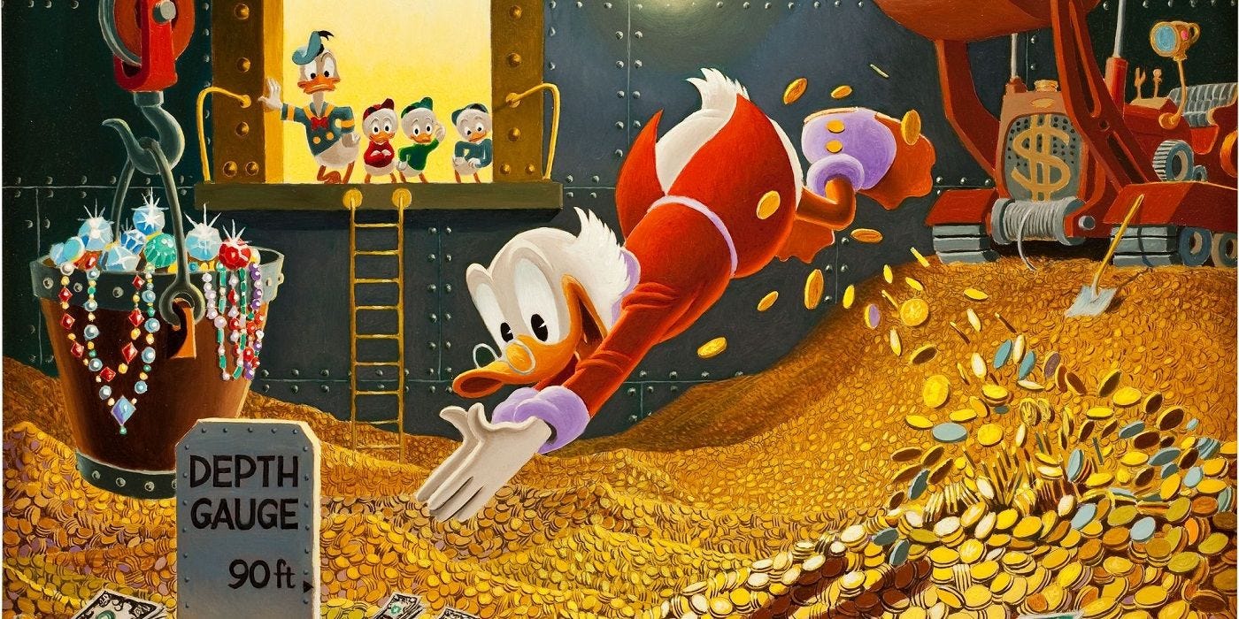 Uncle Scrooge McDuck dives headfirst into a mound of gold coins in the Scrooge McDuck comics
