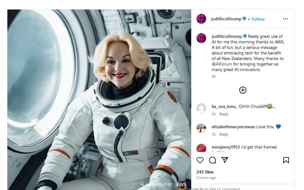 Judith Collins posted an AI generated picture of herself on Instagram.