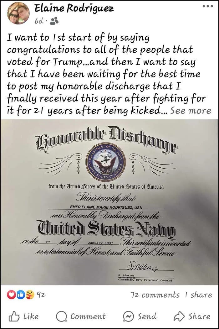 Elaine Rodriguez shared her Honorable Discharge on Facebook the day after the election. (Facebook)