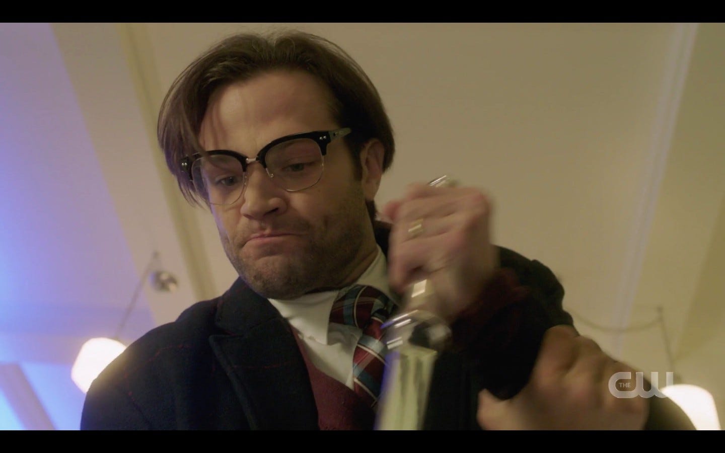 Possessed Sam Winchester forcing knife into Castiel SPN 14.15