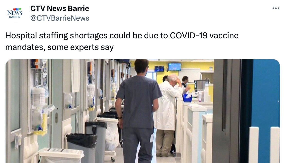 May be an image of 3 people, hospital and text that says 'NEWS BARRIE CTV News Barrie @CTVBarrieNews Hospita staffing shortages could be due to COVID-19 vaccine mandates, some experts say'