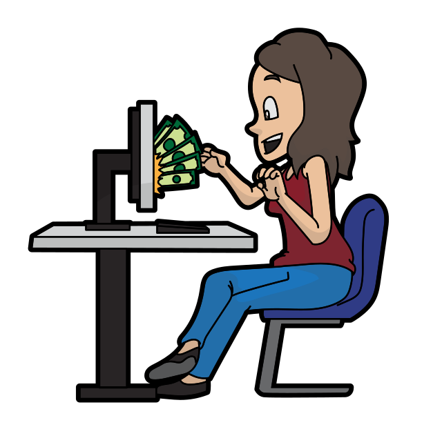 A cartoon woman with brown hair, wearing a sleeveless red tank top, blue pants, black shoes, parts her lips in delight while sitting on a blue chair with gray legs behind a white table with black legs and a white with black desktop computer on top, that is giving her a bunch of green cash money.