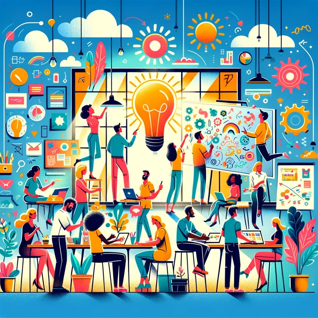 A vibrant and creative graphic illustration of a thriving workplace with engaged and collaborative team members. The scene includes diverse individuals working together at desks, brainstorming around a whiteboard, and sharing ideas in a cheerful and dynamic environment. Bright colors and playful elements such as potted plants, inspirational posters, and a large window with sunlight streaming in add to the positive energy. The atmosphere reflects creativity, teamwork, and productivity, with smiling faces and seamless interaction among team members.