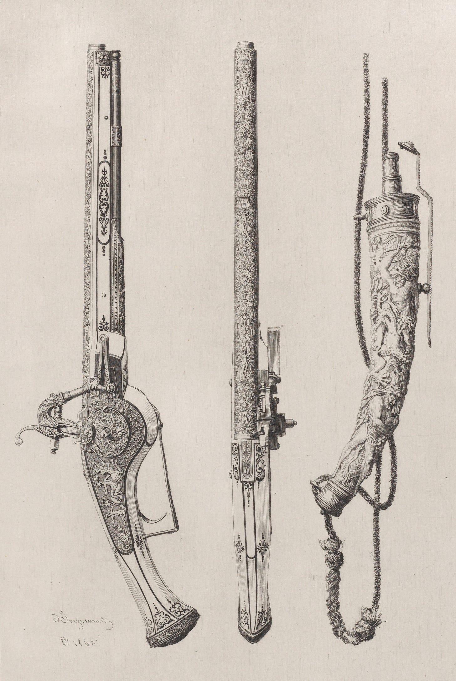 Black and white sketch of an ornate pistol, side view and top down, and a powder bag.