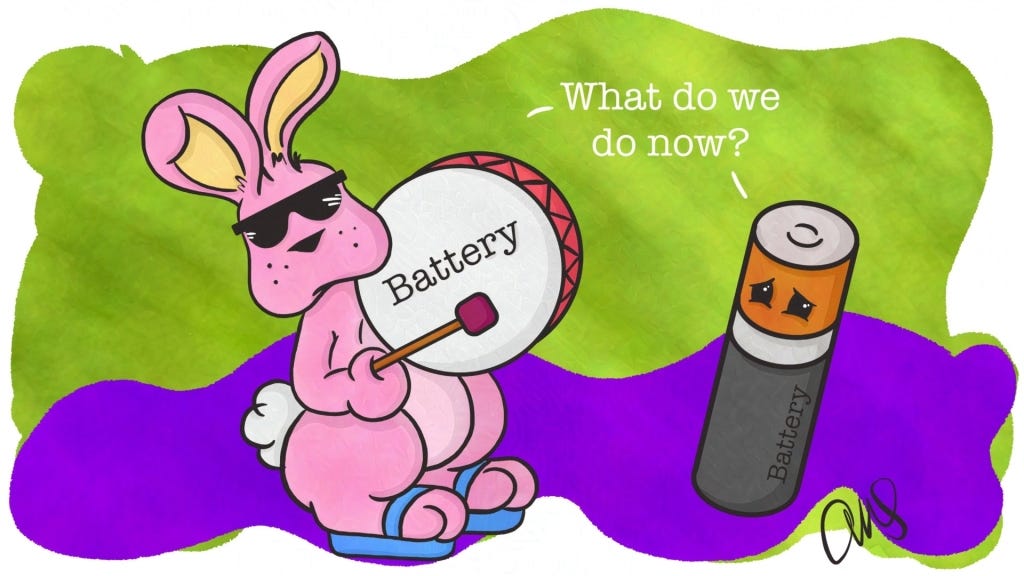 A battery and a Battery bunny looking sad and saying what do we do now.