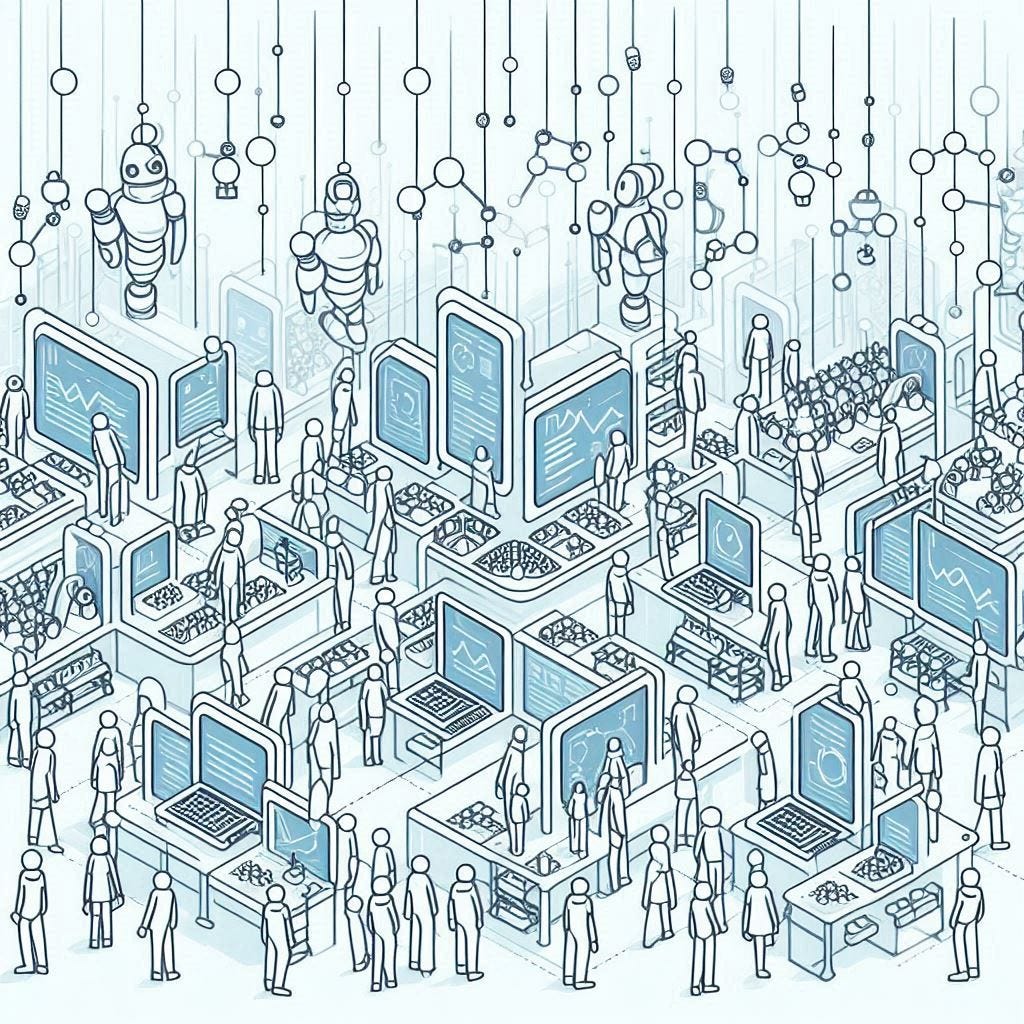 minimalist line art of a data market filled with robots