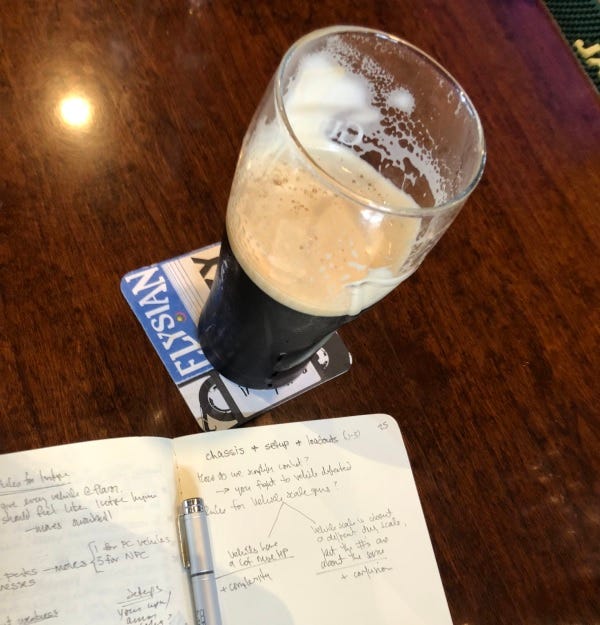 A beer, half-empty, next to a notepad full of hand-written notes