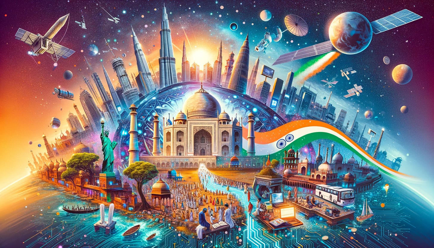 Illustrate India's rise as a global power in a 16:9 aspect ratio, highlighting its diverse and dynamic culture, significant technological advancements, and growing influence on the world stage. The image should merge traditional and modern elements, reflecting India's rich cultural heritage and its leadership in technology, space exploration, and economic growth. Visuals might include famous landmarks like the Taj Mahal next to modern skyscrapers, satellites orbiting Earth, and symbols of the tech industry. The artwork should radiate progress, unity, and optimism, with the Indian flag integrated to signify national pride. Aim for a vibrant, detailed, and uplifting composition that encapsulates India's achievements and its bright future.