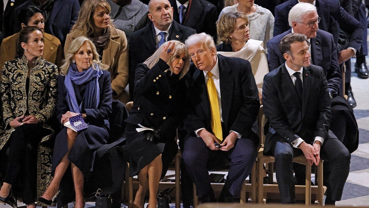 President Emmanuel Macron's wife Brigitte Macron (CL) talks with President-elect Donald Trump (CR) as they sit alongside daughter of President Joe Biden, Ashley Biden (L), First Lady of the United States Jill Biden (2L) and French President Emmanuel Macron (R) inside Notre Dame Cathedral ahead of a ceremony to mark the re-opening of the landmark cathedral, in central Paris, on December 7, 2024. 