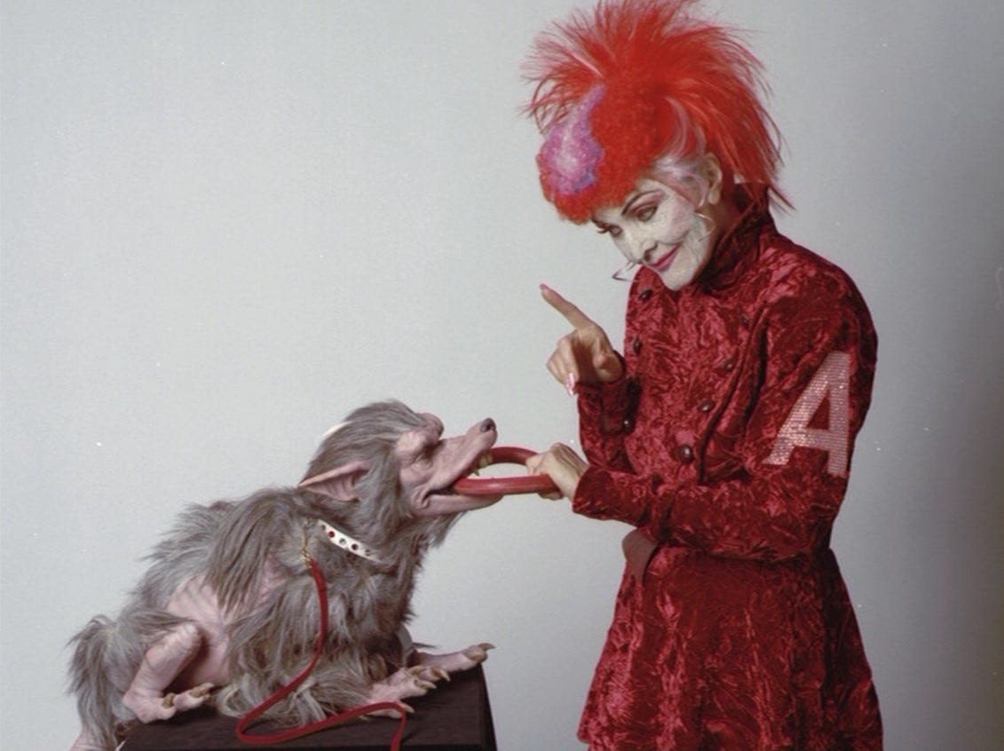 Sheila Hancock as Helen A with Fifi in another publicity shot for The Happiness Patrol (1988)