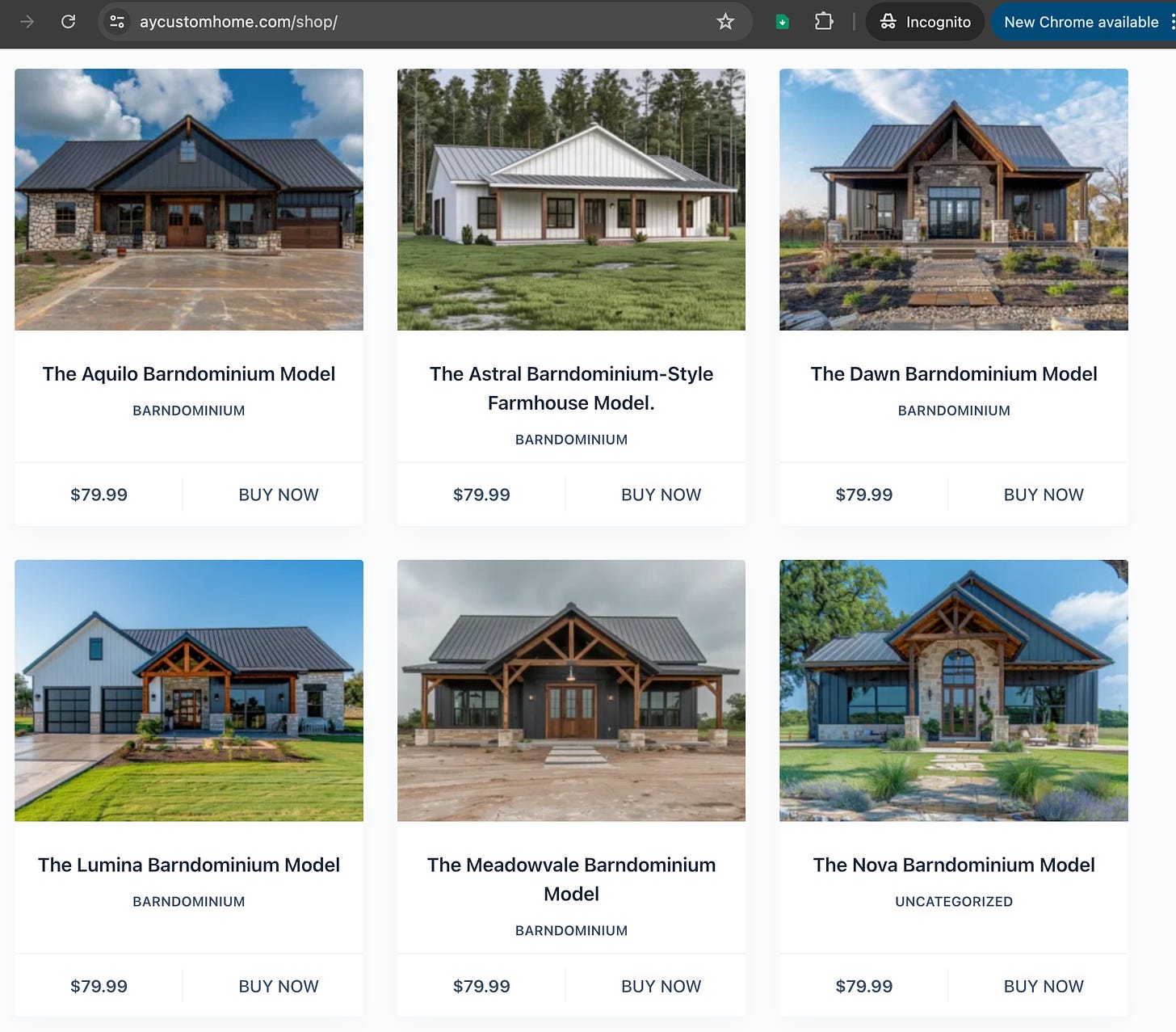 screenshot of aycustomhomes.com, showing a gallery of six AI-generated houses