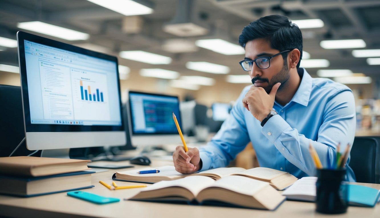 A software engineer at a desk, surrounded by open books and a computer, deep in thought with a pencil in hand, brainstorming problem-solving strategies