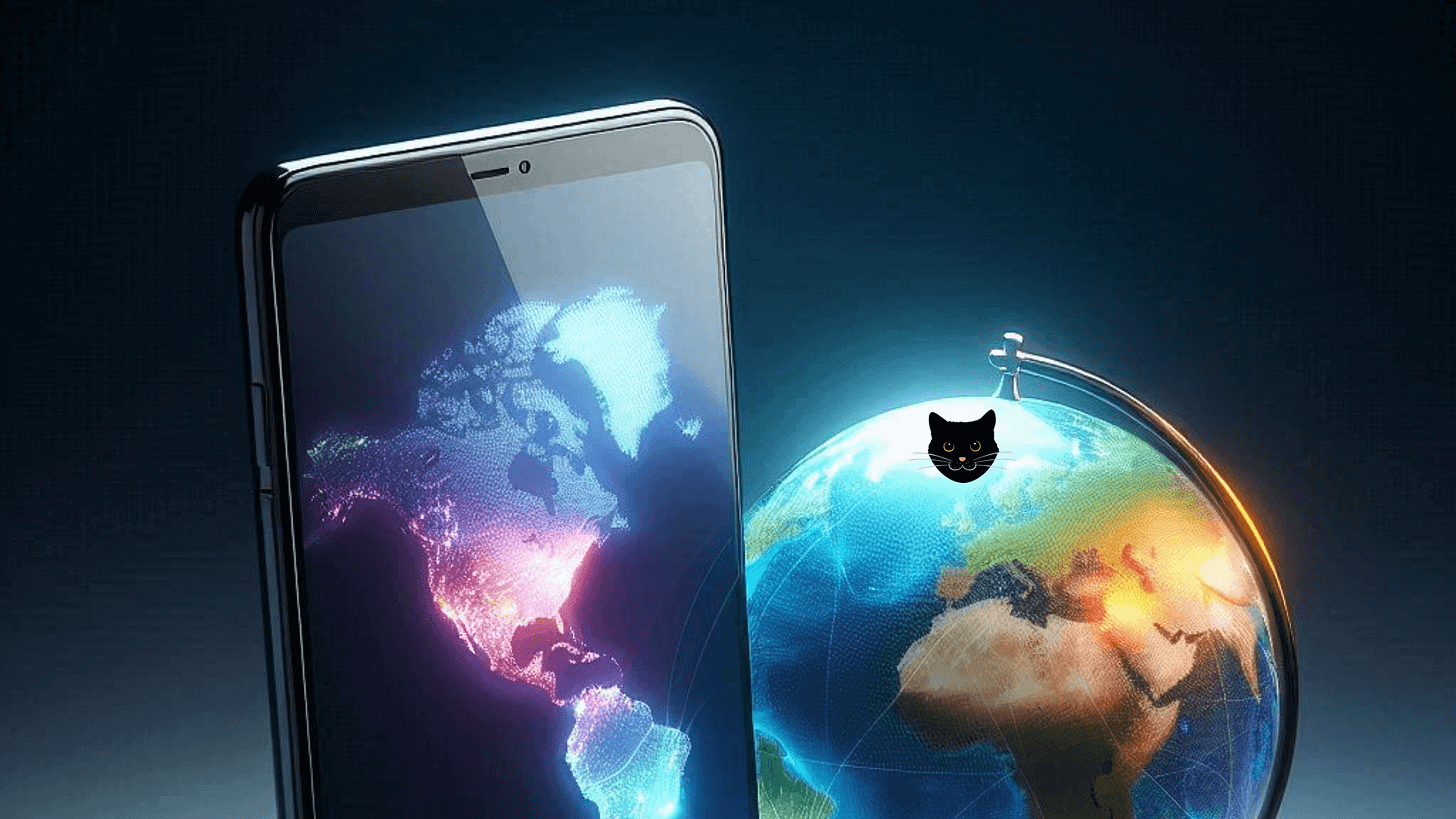 Image of smartphone, a globe and a cat face