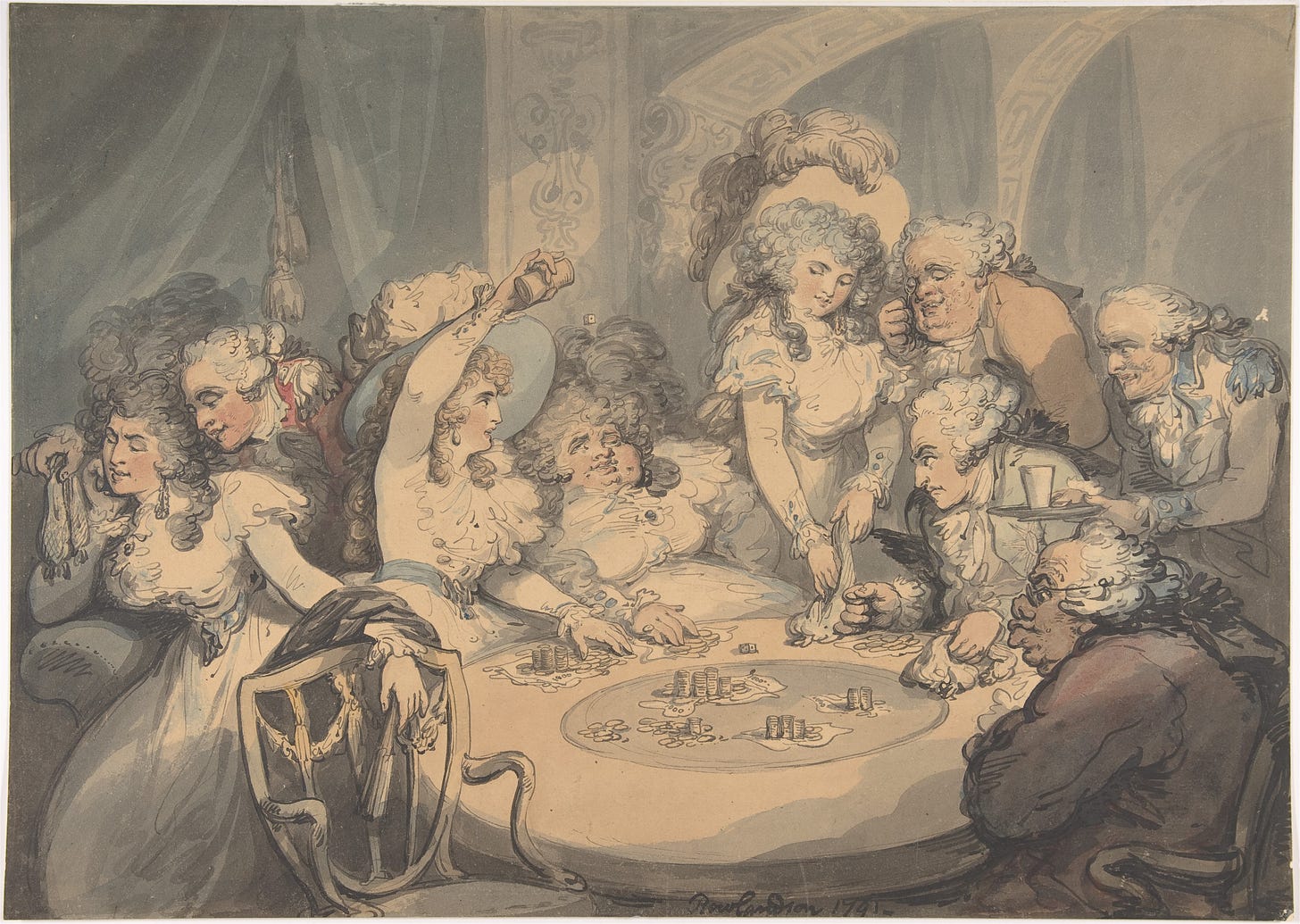 ‘A Gaming Table at Devonshire House,” by Regency artist Thomas Rowlandson, 1791, depicts Georgiana and Harriet overseeing a game of Hazard, with the Prince of Wales as the younger gambler on the right. | See more: The Met 