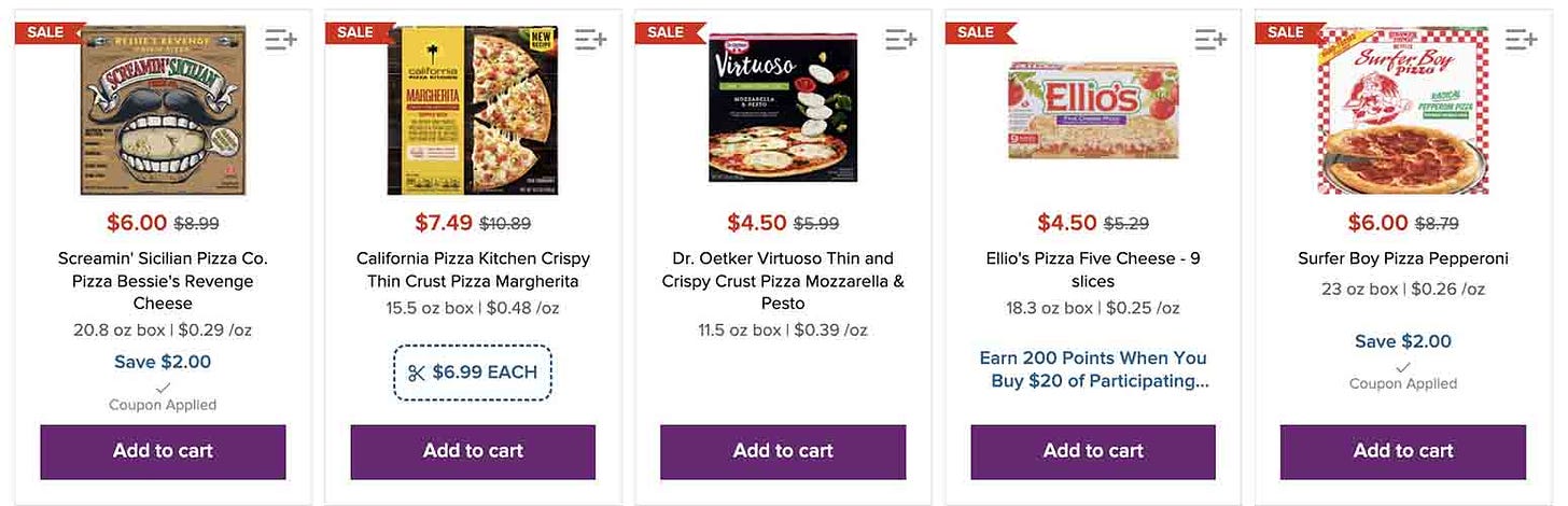 Screenshot of frozen pizzas from grocery site: SCREAMIN' SICILIAN - CALIFORNIA PIZZA KITCHEN - DR. OETKER - ELLIO'S - SURFER BOY