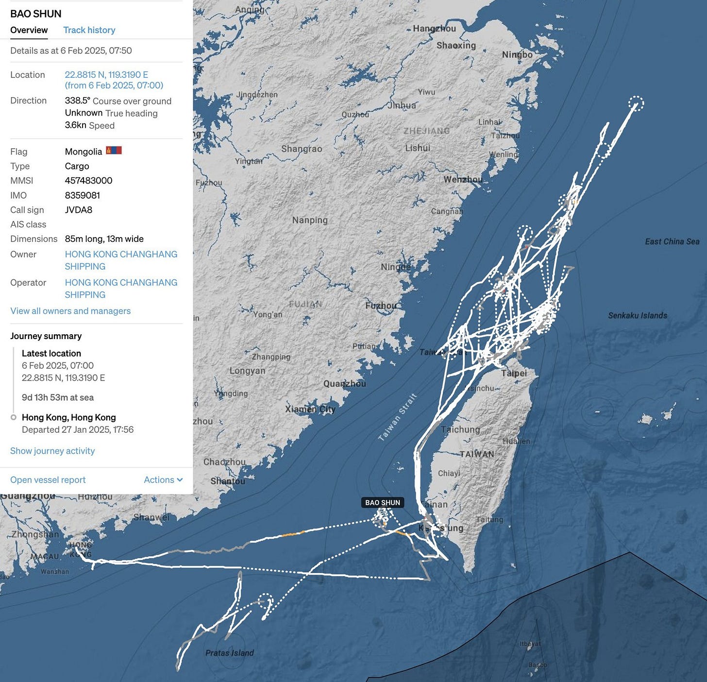 Path taken by Bao Shun from Jan. 27 to Feb. 6. (Starboard Maritime Intelligence screenshot)