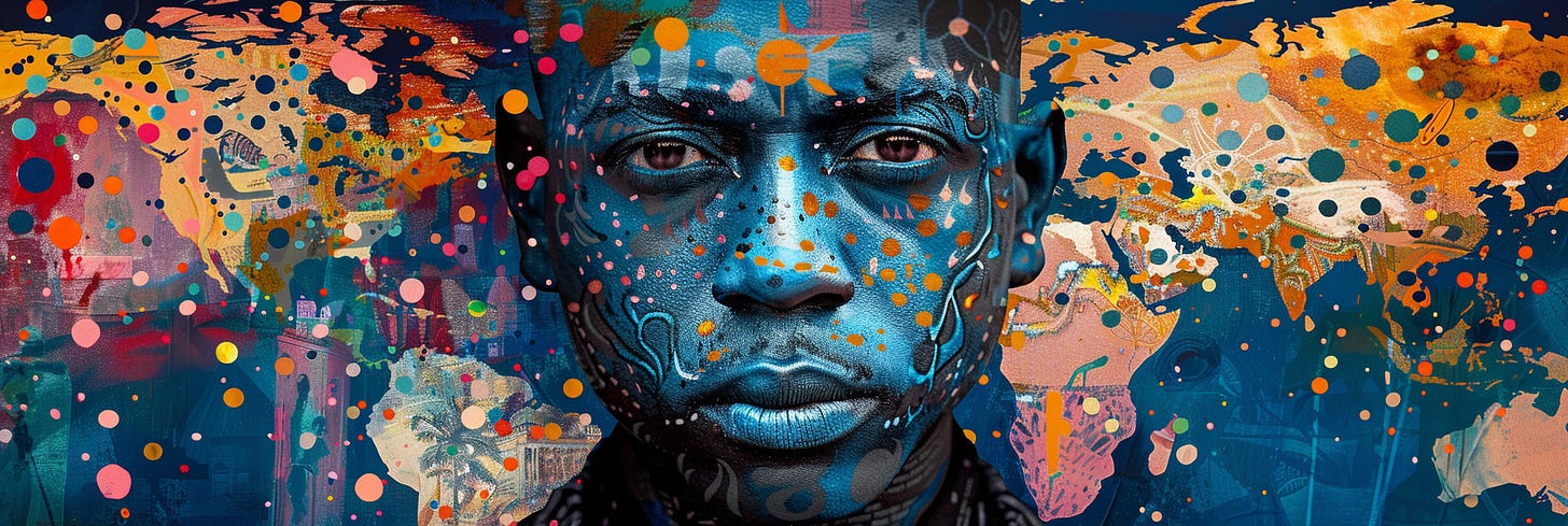 The image is a vibrant and complex digital painting that features the face of a person as the central focal point, overlaid with a myriad of colorful, dynamic splashes and dots. The individual's skin is painted in rich, deep blue hues with highlights and patterns that suggest a connection to a larger canvas of expression. The background and the face are integrated into a seamless tapestry of abstract art, where urban elements, possibly buildings and natural motifs such as palm trees, are discernible within the chaos of colors. This blending of portrait and abstract art conveys a sense of identity intertwined with a broader cultural or emotional landscape, capturing the essence of a person as part of a larger, more complex story.