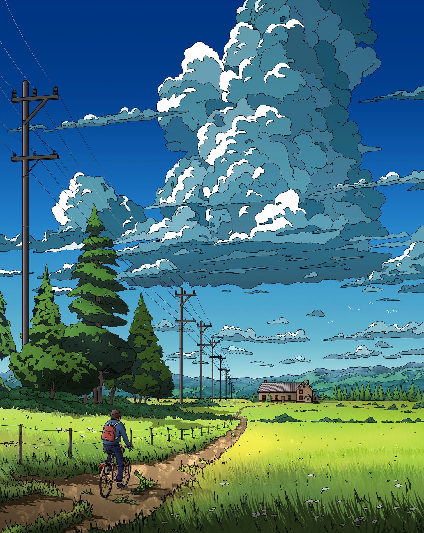 General 2100x2639 Christian Demczuk artwork digital art illustration field house trees clouds power lines nature bicycle mountains portrait display