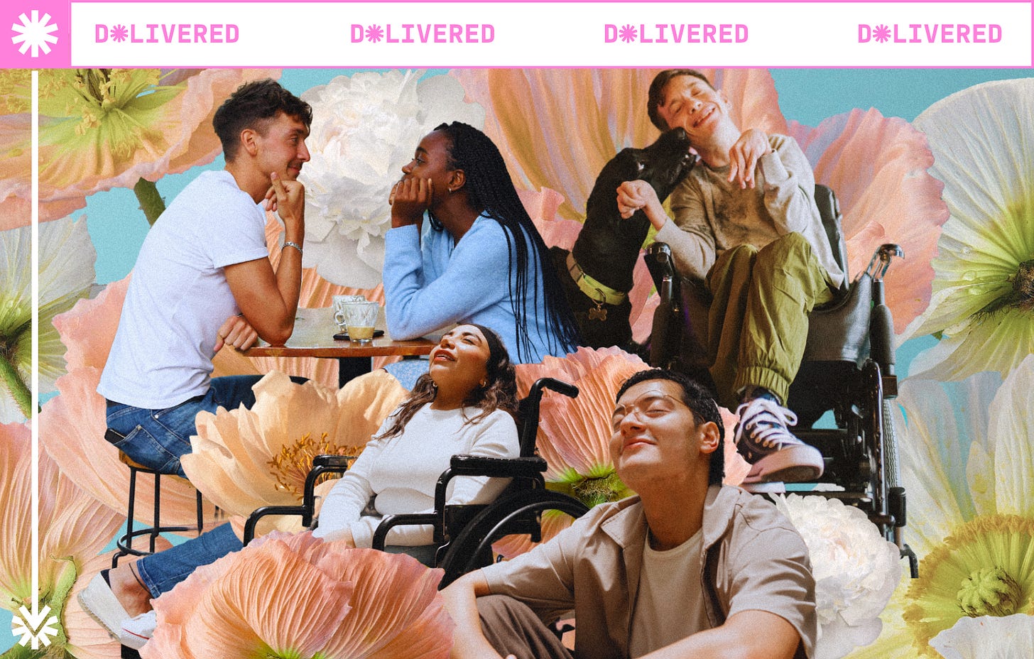 A collage of of people, some with visible disabilities, smile in a state of peaceful happiness. There are pink and white flowers surrounding them.