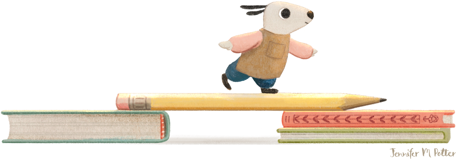 Illustration by Jennifer M Potter of a tiny dog walking across a pencil bridge