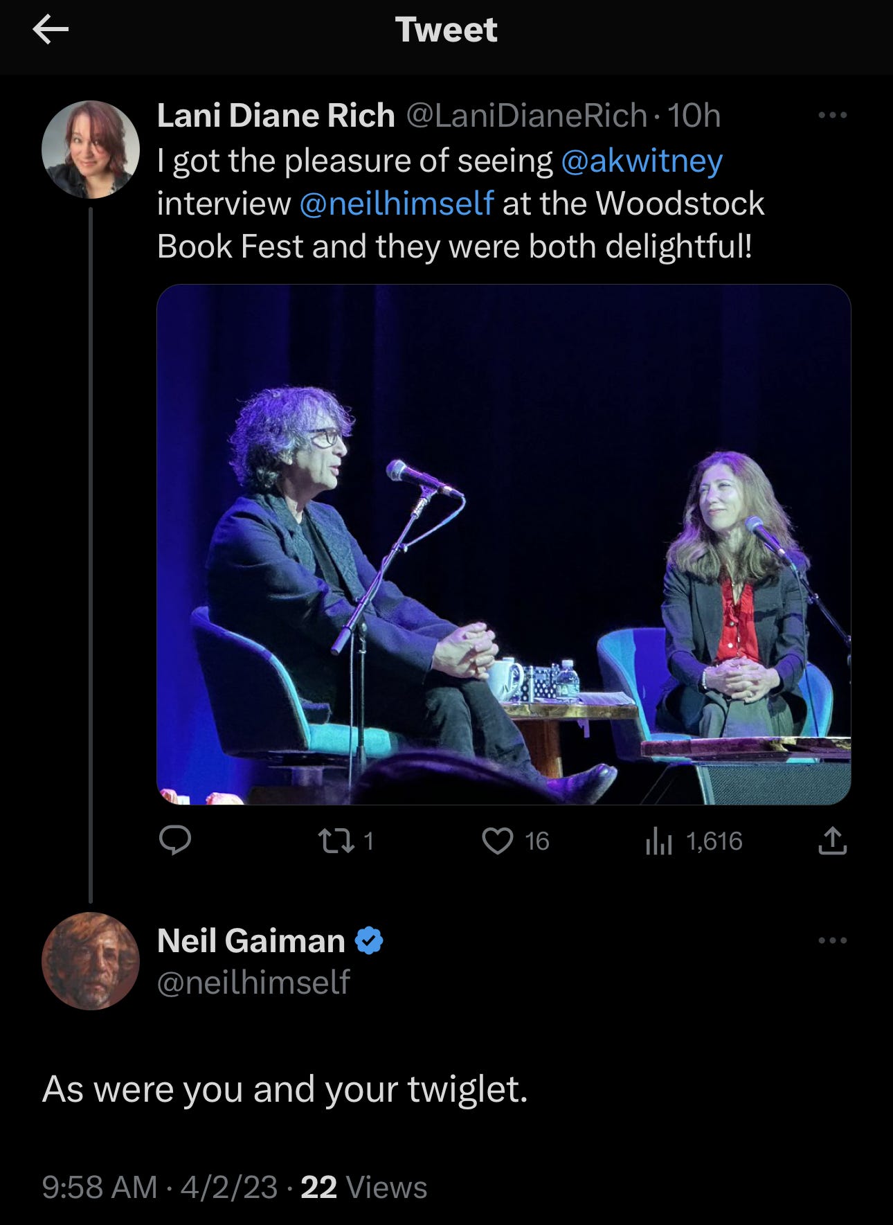 screenshot of a tweet I sent with an image of Alisa interviewing Neil where I said that he and Alisa were delightful, and he responded "As were you and your twiglet."