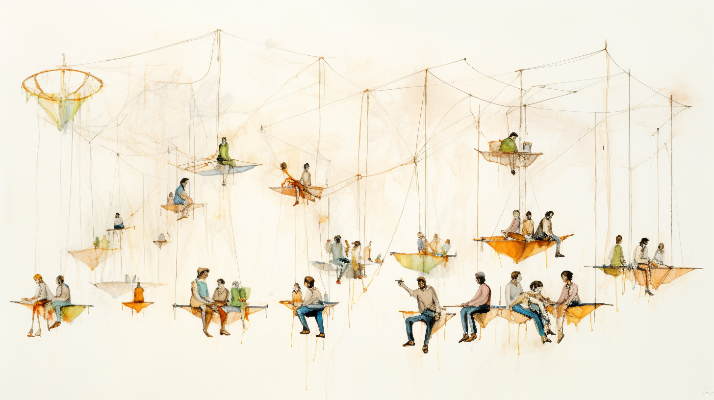 Alt text: A decorative image of people sitting on swings hanging from a web of interconnected strings.