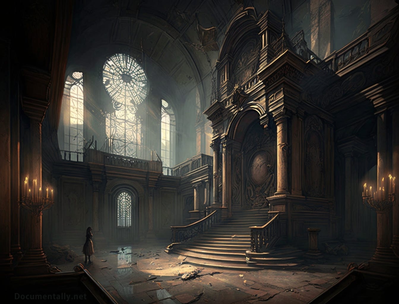 A dilapidated chapel. Light steams through the windows into a dusty stone place as a person stands in the shadows looking towards a staircase leading to an alter.
