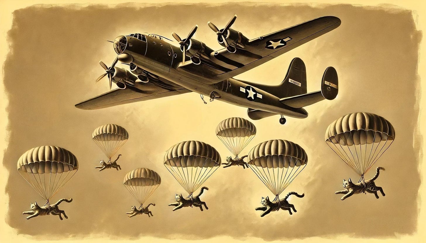 Cats parachuting from a plane. The image resembles a sepia postcard. Cats parachuting from a plane. The image resembles a sepia postcard.