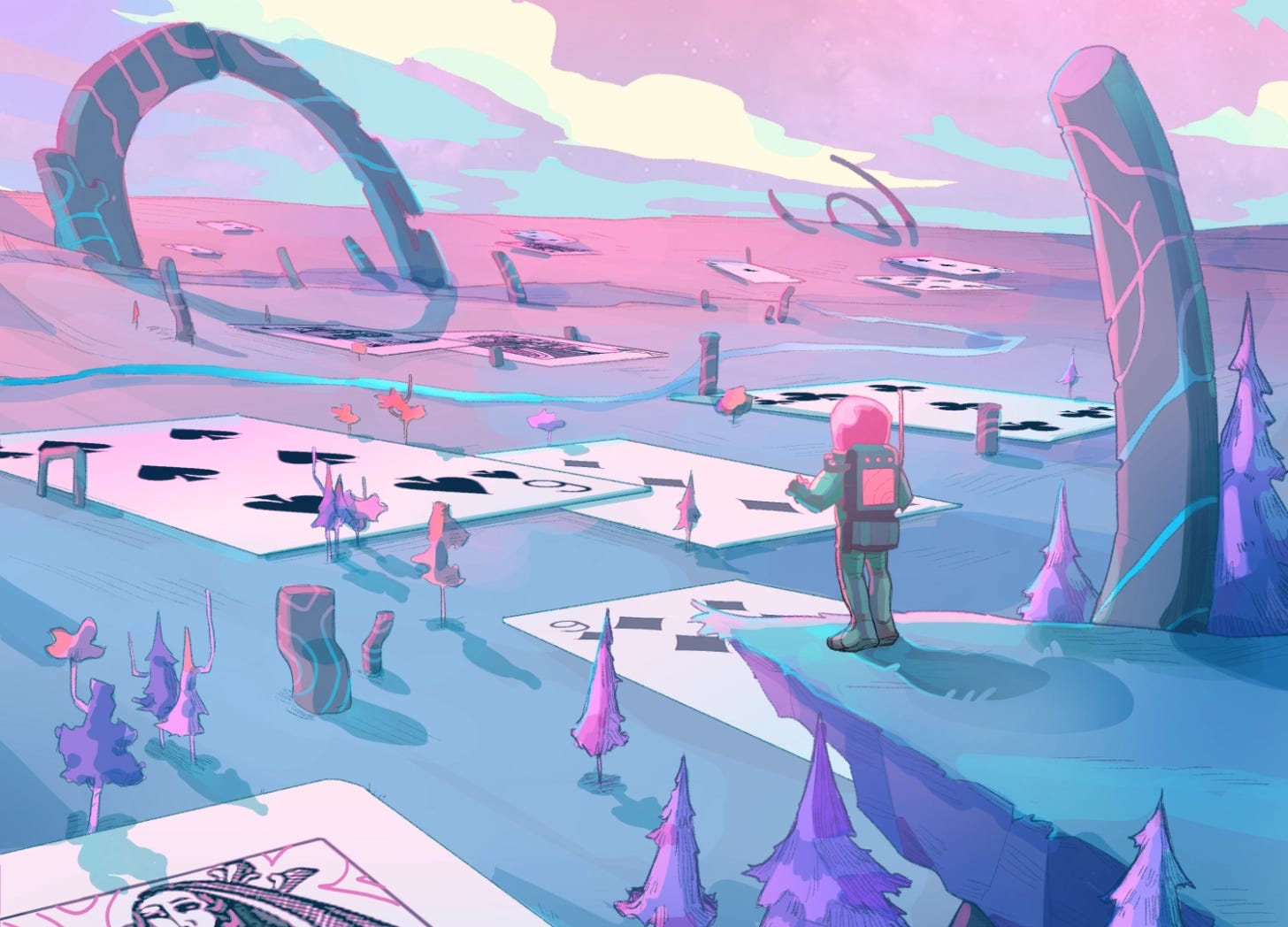 Cartoon aesthetic, pastel color tones. A figure in a spacesuit overlooks an alien landscape from a cliff. Giant playing cards are spread over the landscape.