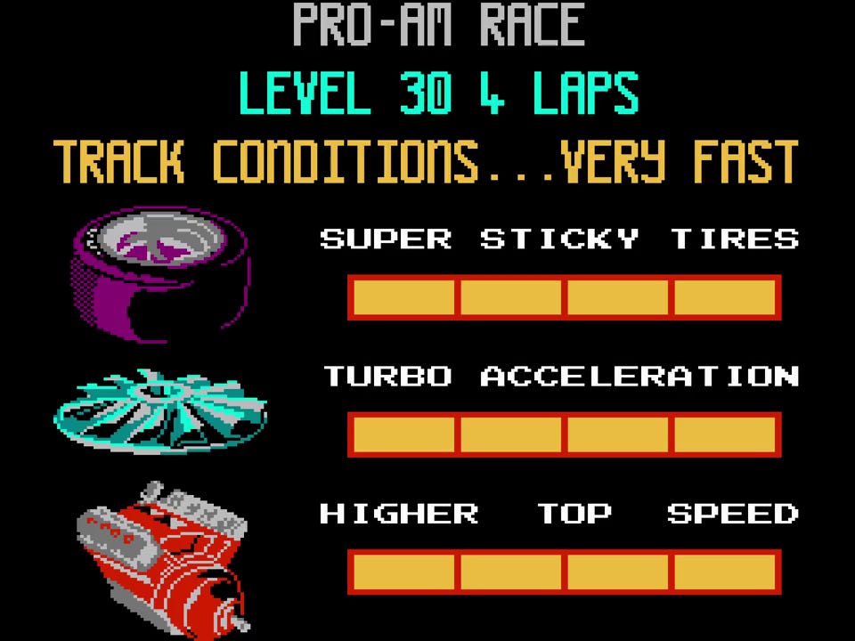 A screenshot from R.C. Pro-Am on the NES, showing a fully upgraded vehicle heading into level 30 for a four-lap race on track conditions described as "very fast."