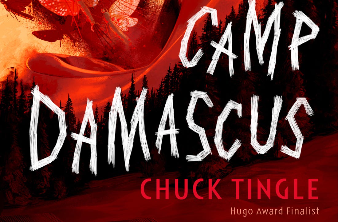 A cropped image of the cover of the book Camp Damascus by Chuck Tingle with the image only showing the title and author