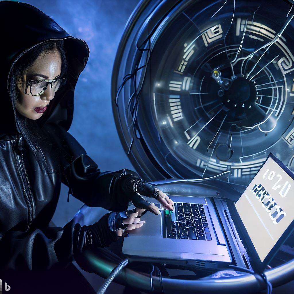 asian woman hacker, 2042, time machin