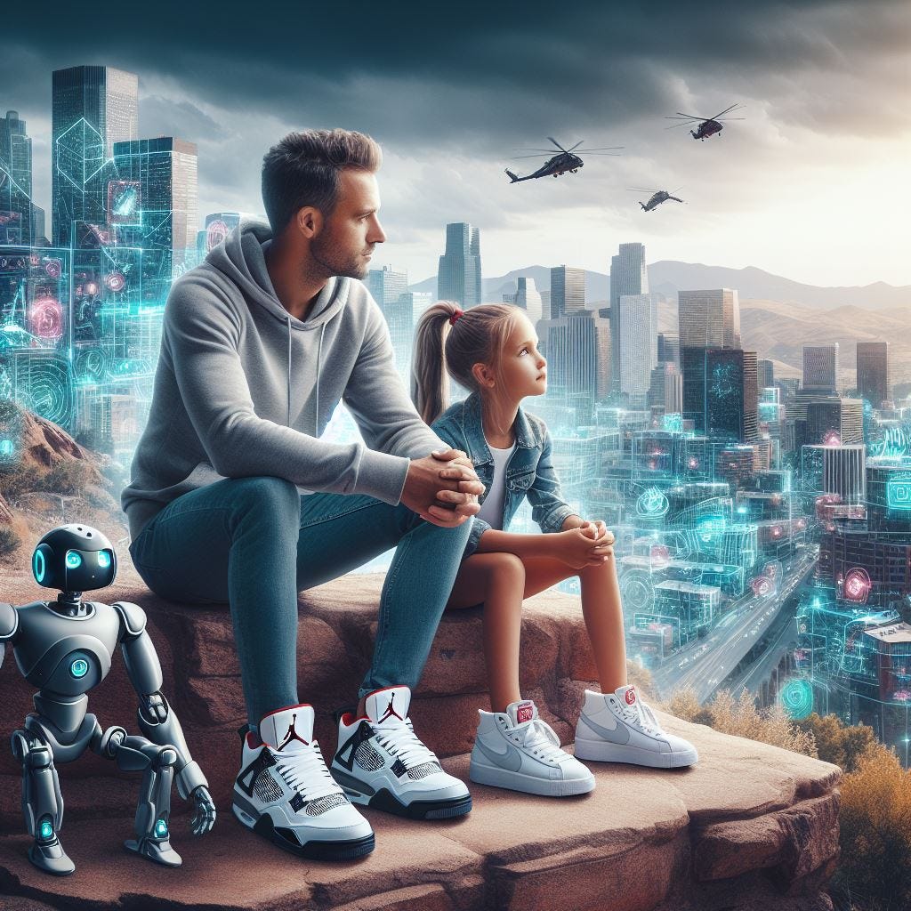 A father wearing Jordan 4 sneakers and his 12-year-old daughter wearing Nike Blazer shoes sitting next to each other while looking at amazing AI technology all around them with the Colorado Rocky Mountains and Denver City skyline in the background.