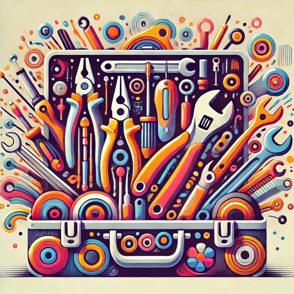 A colorful illustration of an open toolbox, with many tools, such as pliers and wrenches, pointing outwards from the box. The color palette includes blues, orange, and pinks. A colorful illustration of an open toolbox, with many tools, such as pliers and wrenches, pointing outwards from the box. The color palette includes blues, orange, and pinks.