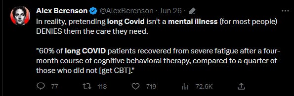Berenson claims Long COVID is a mental illness that can be cured with cognitive behavioral therapy