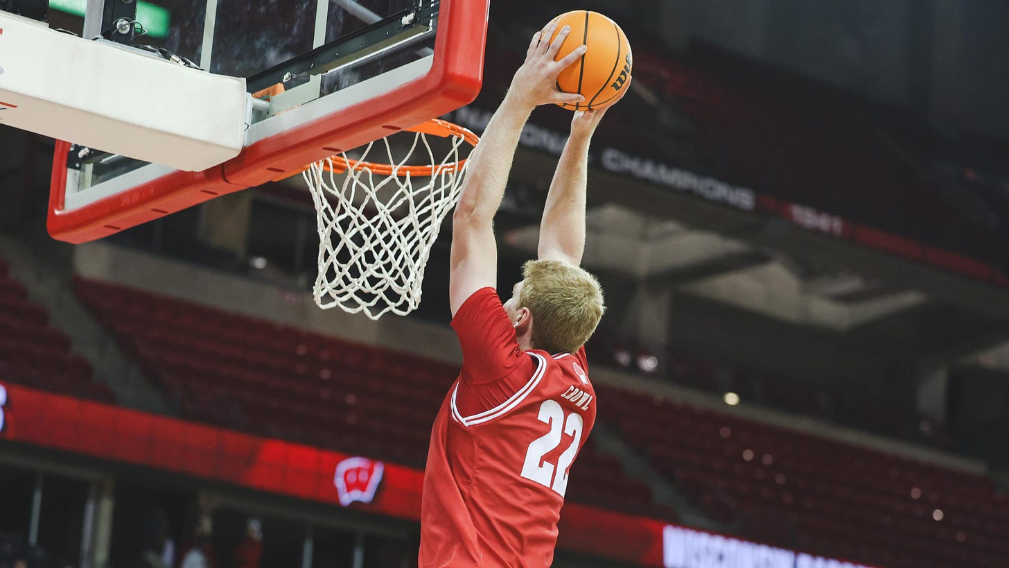 Wisconsin Badgers center Steven Crowl throws down a dunk