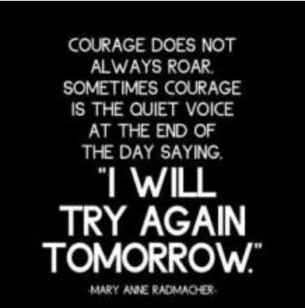 Magnet saying, "Courage does not always roar. Sometimes courage is the quiet voice at the end of the day saying I will try again tomorrow. - Mary Anne Radmacher"