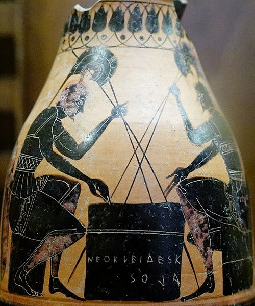 Black figure vase with two heroes in arms playing a board game