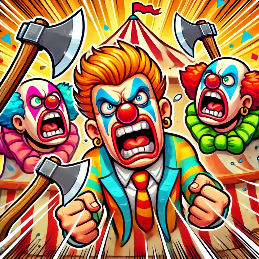 A cartoon-style illustration of three clowns screaming at each other and throwing axes in a chaotic circus scene. One clown has exaggerated orange-blond hair and a smug expression, while the others have wild, colorful clown makeup. The background features a circus tent with bright, bold colors. Motion lines show axes flying through the air as the clowns argue in a comically absurd manner.