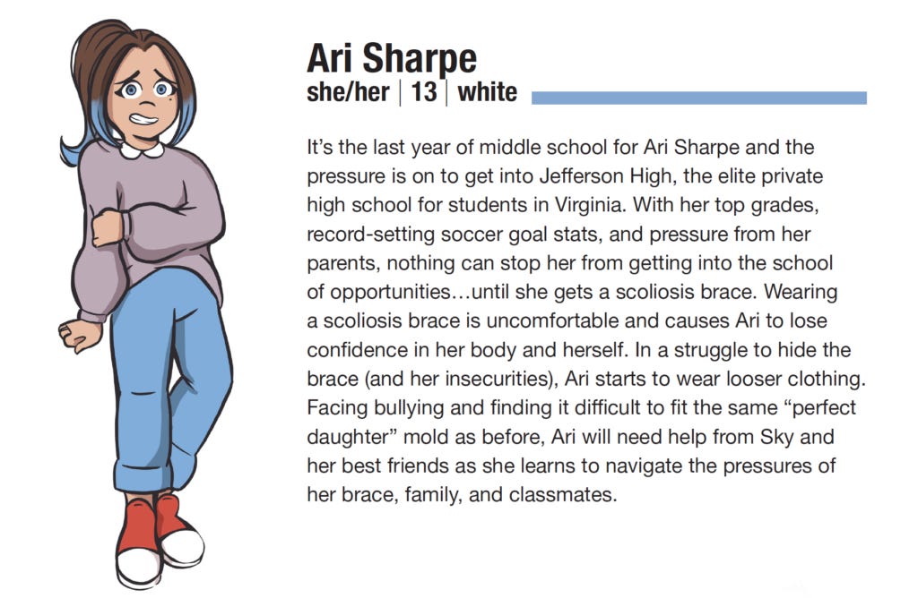 Illustration of Ari Sharpe, a girl with brown hair in a ponytail that is dyed blue on the tips.