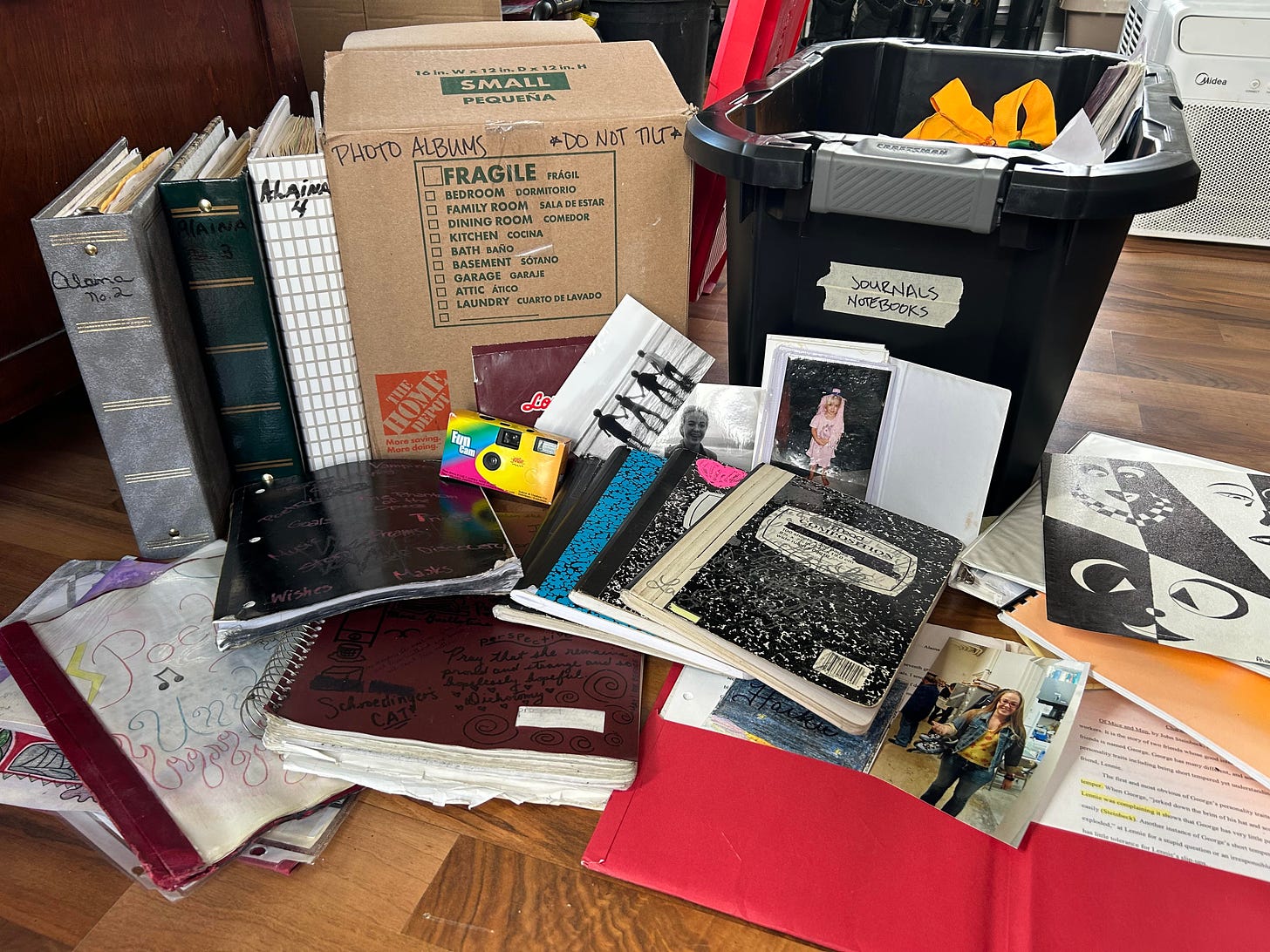 An artfully arranged but messy pile of personal ephemera (including old photo albums, spiral bound notebooks, composition books with scribbled covers, geometric art, handwritten poetry, and a disposable camera) scattered in front of a cardboard box labeled "PHOTO ALBUMS *DO NOT TILT*" and a plastic tub labeled "JOURNALS NOTEBOOKS.".