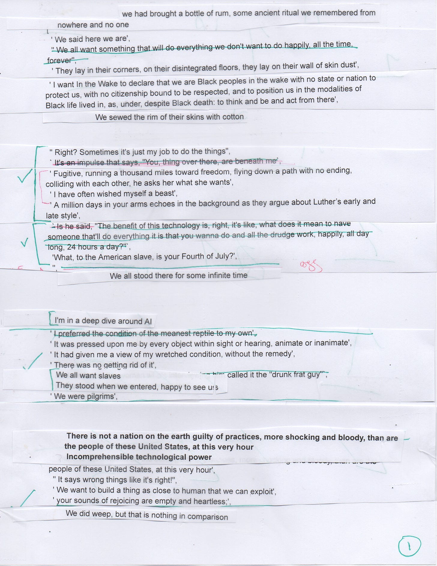 Strips of paper and text annotated with green ink and tapped to a paper to weave a non-linear short story