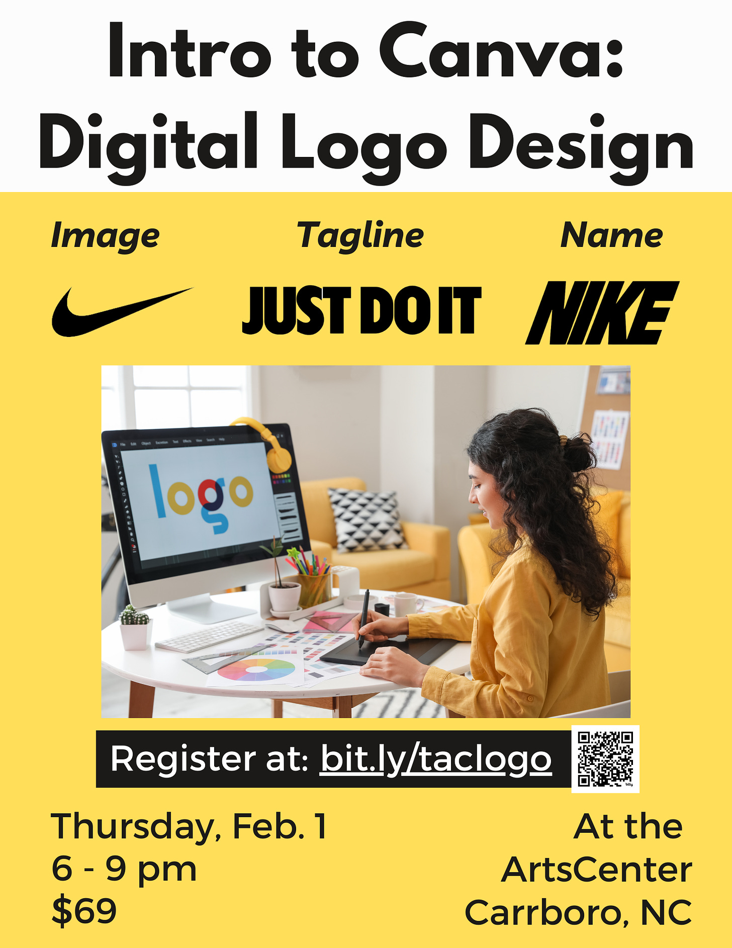 Promo Poster for Intro to Canva: DIgital Logo Design with an example of the Nike symbol, brand name, and tagline, a photo of a person working on a computer, and the information about the class (listed below).