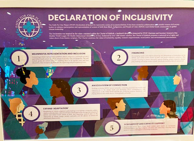 Picture of a colorful poster outlining the five concerns addressed by the Doctrine of Inclusivity. They are  meaningful representation and inclusivity, financing, an ecosystem of connection, expanded adaptation and scholarship and capacity support.