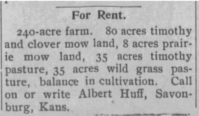 newspaper clipping announcing the Huff farm for rent