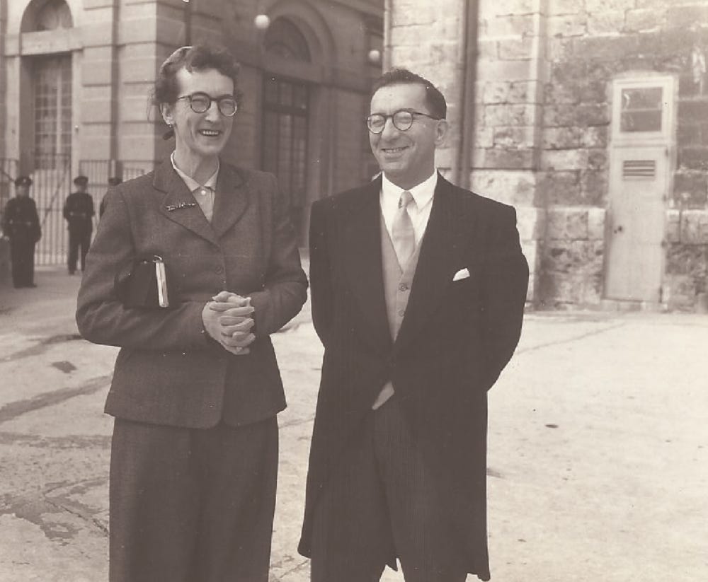 In 1955, Moyra and Dom before meeting Queen Elizabeth in Malta aboard their royal yacht