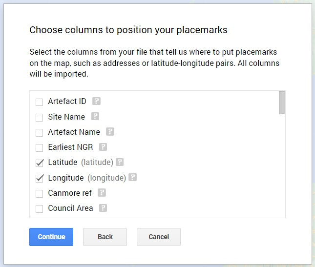 Screenshot from Google My Maps showing how to select the columns to use for positioning places on the map